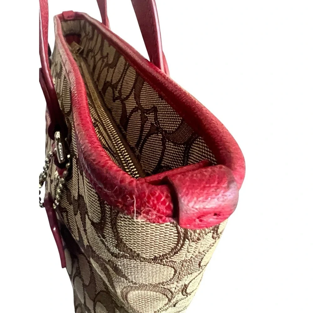Coach Signature Coated Canvas‎ and Red Leather Trim Purse Tote Gold Hardware